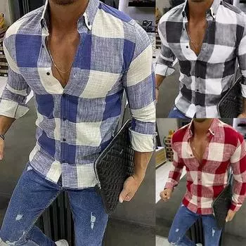 Модная клетчатая мужская рубашка, повседневная, с длинным рукавом, лацкан, блузка, спортивная, уличная, рубашки, мужские, Camisa Masculina S-5XL S красный