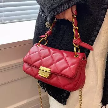 Модная клетчатая простая красная маленькая квадратная сумка высокого класса с текстурой для женщин, новая популярная сумка через плечо с цепочкой, дизайнерская сумка Sense (20cm<Max Length<30cm)