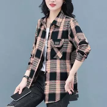 Модная клетчатая рубашка с напечатанными карманами, женская одежда, новые повседневные топы, корейская блузка XL красный
