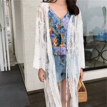 Модная корейская богемная длинная праздничная пляжная солнцезащитная крышка, повседневная сексуальная рубашка с полым цветком и крючком, летняя кружевная блузка, комбинезон 25904 One Size белый