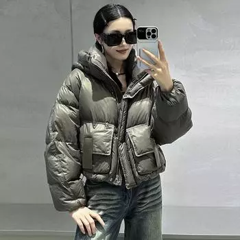 Модная короткая куртка-пуховик с капюшоном, женская зимняя новая утолщенная белая кожаная стандартная теплая куртка из утиного пуха one size fits all темно-коричневого