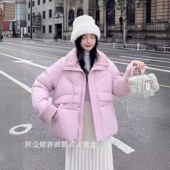 Модная короткая куртка-пуховик, зимняя женская пошив, теплый повседневный топ, новая хлопковая куртка со свободными лацканами M чёрный