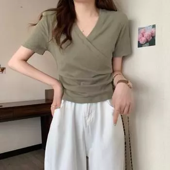 Модная короткая повседневная футболка Seeve, женские летние облегающие сексуальные белые футболки, женские элегантные офисные футболки с v-образным вырезом и крестом, 24242 One Size зелёный