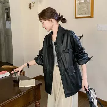 Модная кожаная куртка с лацканами женская весенне-осенняя новая с маленьким чувством дизайна крутая sa свободная мотоциклетная куртка S чёрный