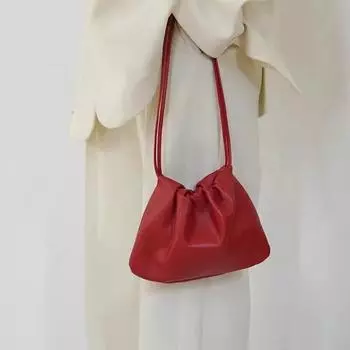 Модная красная мягкая кожаная сумка через плечо, корейская плиссированная портативная сумка подмышкой, женская новая сумка на шнуровке (20cm<Max Length<30cm)