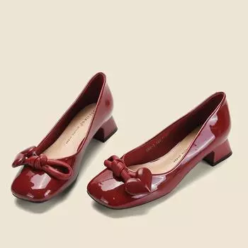 Модная красная с бантом кавайная женская летняя обувь на квадратном каблуке для женщин 2024 года среднего размера милый корейский стиль высокого качества для отпуска 35 вино красного