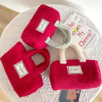 Модная красная сумка из овечьей шерсти, сумка-тоут, портативная ручная плюшевая сумка для хранения, косметический органайзер для телефона, сумка для макияжа