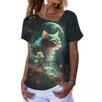 Модная красочная женская футболка с цифровым принтом в стиле аниме с диагональным вырезом и коротким рукавом, женская одежда, летние топы для отдыха, пуловер XXL