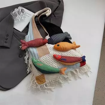Модная креативная плетеная сумка через плечо, ручная работа, сумка в виде рыбы, большая вместимость, пляжная сумка, сочетание цветов, женская сумка подмышку 36x2x34cm бежевый