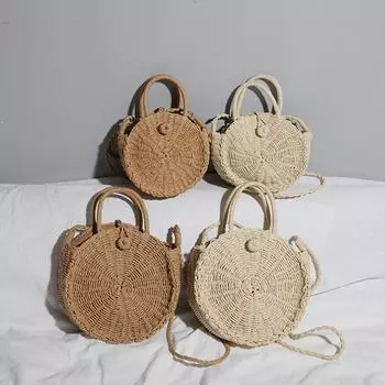 Модная круглая соломенная сумка, женская плетеная сумка на плечо из ротанга ручной работы, богемная сумка через плечо, пляжные сумки для отпуска 23x7x23cm хаки