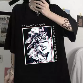 Модная крутая футболка с принтом Kujo Jotaro Harajuku Anime JoJo s Bizarre Adventure Street Style Футболка в стиле хип-хоп Футболки Летний топ S чёрный