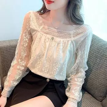 Модная кружевная блузка с длинным рукавом и вырезом на шее, женские топы J321 S абрикосовый
