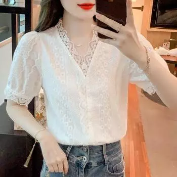 Модная кружевная блузка с коротким рукавом, женские элегантные топы с v-образным вырезом, летние женские рубашки, белая женская одежда с цветочным принтом 26022 S белый