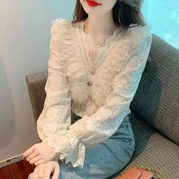 Модная кружевная блузка с v-образным вырезом, женские повседневные кружевные рубашки с длинными рукавами, женская осенняя нижняя одежда, женские топы Blusas 29726 S хаки