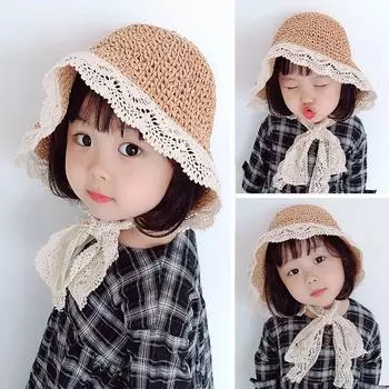 Модная кружевная детская шляпа, летняя соломенная шляпа на шнуровке для детей, девочек, панама, пляжная кепка-солнцезащитная шапка-рыбак хаки