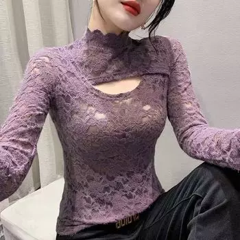Модная кружевная индивидуальная приталенная универсальная рубашка с длинными рукавами и высоким воротом для женщин S фиолетовый