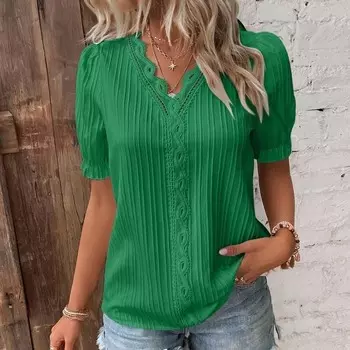 Модная кружевная рубашка с V-образным вырезом, летняя, вертикальная полоска, повседневная, с коротким рукавом, женская, элегантная, симпатичная 27878 S зелёный