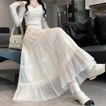 Модная кружевная сетчатая юбка, женская юбка из тонкой пряжи средней длины с высокой талией, длинная юбка трапециевидной формы, плиссированная юбка XL чёрный