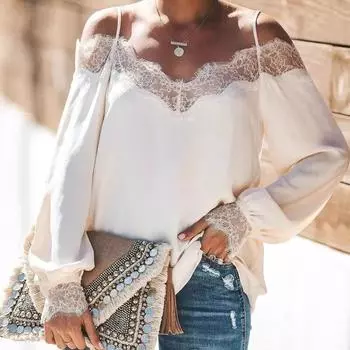 Модная кружевная шифоновая элегантная футболка с v-образным вырезом, осень 2023, блузка с длинными рукавами, женские сексуальные топы с открытыми плечами, повседневные свободные Mujer 29480 S белый