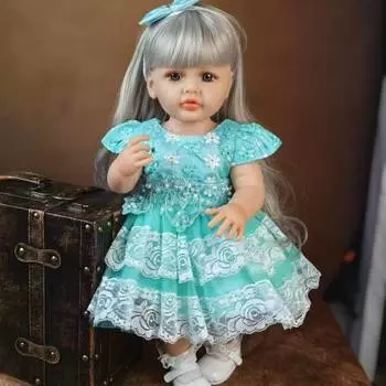 Модная кукла Reborn Baby Doll с серыми волосами, 55 см, для девочки, полное тело, силиконовый винил, реалистичная игрушка принцессы Boneca Reborn, костюм для детей от 3 лет, подарки на день рождения, Рождество 22 Inch about 55 cm синий