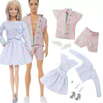 Модная кукольная одежда, комплект для пар, полосатые рубашки + шорты/платье + обувь, игровой набор для куклы Барби, игрушки для кукол 1/6 дюйма(НЕТ КУКЛ)