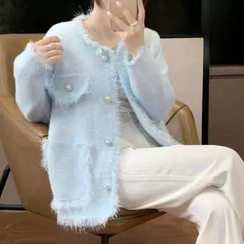 Модная куртка для женщин с кисточками, короткий стиль, базовый внешний вид, имитация меха норки, универсальный кардиган, пальто one size синий