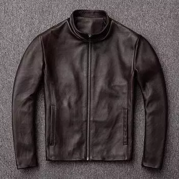 Модная куртка. Мужская тонкая куртка из натуральной кожи. Пальто из коровьей кожи черного цвета в строгом деловом стиле больших размеров. S чёрный