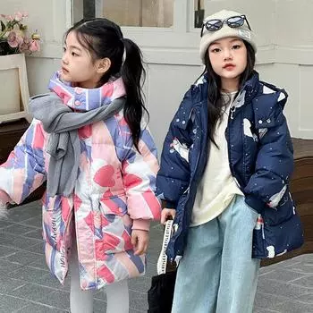 Модная куртка-пуховик средней длины для девочек на осень и зиму с принтом 140 бежевый