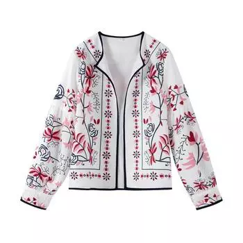 Модная куртка с принтом для женщин в стиле ретро с длинным рукавом, тонкое пальто, повседневная свободная куртка с круглым вырезом на молнии, со вставками, большого размера, осень S белый
