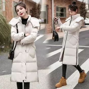 Модная куртка средней длины со съемной шапкой, женская новая зимняя модная свободная хлопковая куртка M чёрный