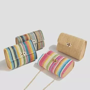 Модная квадратная сумка через плечо в радужную полоску 2024 года из соломы для женщин и студентов темные хаки