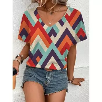 Модная легкая и удобная уличная элегантная футболка с короткими рукавами и геометрическим графическим принтом, повседневный женский топ с V-образным вырезом S