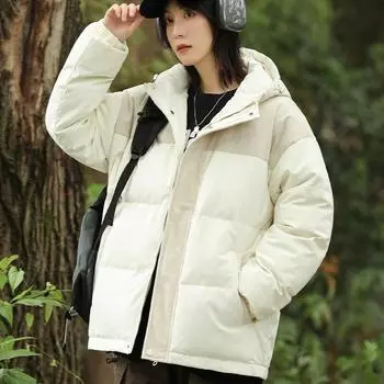 Модная легкая куртка-пуховик женская зимняя 2024 новая утолщенная теплая сшитая куртка с капюшоном для пары куртка-хлеб S