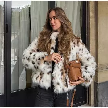 Модная леопардовая шуба из искусственного меха для женщин, короткая плюшевая куртка с воротником-стойкой, тонкая женская теплая верхняя одежда на каждый день, осень-зима XS