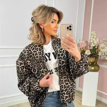 Модная леопардовая женская куртка с длинными рукавами и застежкой-молнией в стиле ретро с круглым вырезом, повседневная верхняя одежда для улицы, новое женское осеннее пальто для поездок на работу S