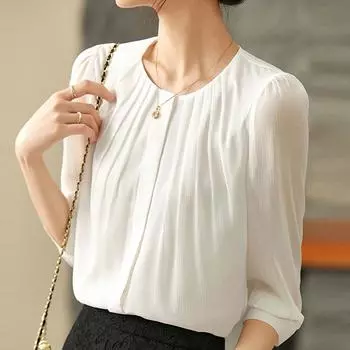 Модная летняя белая шифоновая блузка с круглым вырезом, женская рубашка, топы, блузки, рубашки J361 S белый