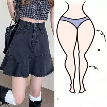 Модная летняя джинсовая юбка с завышенной талией и подолом «рыбий хвост» размера плюс L чёрный