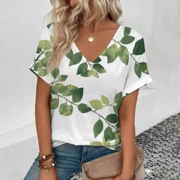 Модная летняя футболка большого размера с короткими рукавами, женская элегантная футболка с V-образным вырезом, футболка с принтом Lucky Clover S
