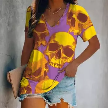 Модная летняя футболка с 3D-принтом черепа для женщин, уличная одежда, повседневные футболки, топы Y2k, женские футболки Harajuku с V-образным вырезом, свободная одежда S