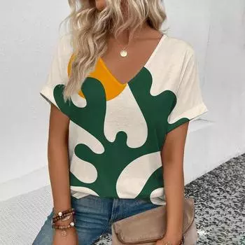 Модная летняя футболка с 3D-принтом Line Curve, женская уличная футболка, топы Y2k, женские футболки Harajuku с V-образным вырезом, свободная одежда S