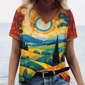 Модная летняя футболка с натуральным 3D-принтом для женщин, уличная одежда, повседневные футболки, топы Y2k, женские футболки Harajuku с V-образным вырезом, свободная одежда S