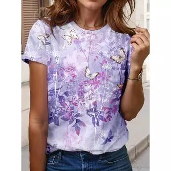 Модная летняя футболка с принтом «Бабочка» и цветочным принтом 3D, женская уличная повседневная футболка в стиле Харадзюку, женская футболка с круглым вырезом, топы, одежда S