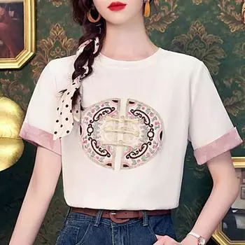 Модная летняя футболка в китайском стиле с коротким рукавом и круглым вырезом с вышивкой для женщин, топы, футболки J389 S белый