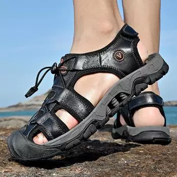 Модная летняя мужская обувь из натуральной кожи, новые мужские сандалии больших размеров, модные повседневные пляжные тапочки для отдыха на открытом воздухе, дышащая обувь Baotou 38 коричневый