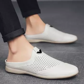Модная летняя мужская обувь Повседневные полутапочки для мужчин Мокасины слипоны из кожи Полутапочки дышащие слипоны Ленивые балетки Новые мужские мокасины 38 белый