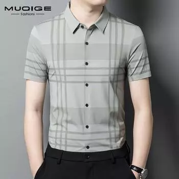 Модная летняя мужская рубашка из ледяного шелка в полоску с короткими рукавами, не оставляющая следов, мужская тонкая деловая профессиональная высококачественная мужская рубашка без глажки M/165