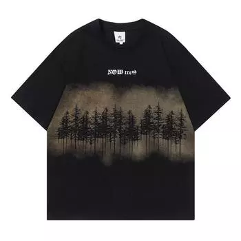 Модная летняя новая свободная и универсальная дышащая футболка в японском стиле ретро с креативным пейзажным принтом S чёрный