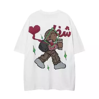 Модная летняя новая свободная повседневная футболка в японском стиле с короткими рукавами и цифровым рисунком в стиле ретро S белый