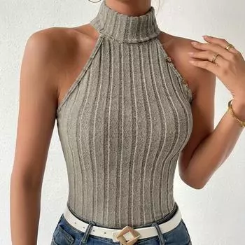 Модная летняя новая вязаная блузка без рукавов, женская облегающая укороченная майка со стойкой, женская элегантная однотонная повседневная трикотажная рубашка, женская одежда 24437 S чёрный