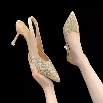 Модная летняя обувь для женщин 2024 года, новые женские босоножки с открытой пяткой, сексуальные туфли с острым носком, золотистые туфли на высоком каблуке, роскошные свадебные туфли с пайетками 35 золотой